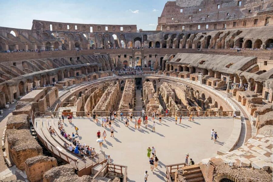 Rome: Colosseum, Palatine Hill and Roman Forum Guided Tour - The terrace view of the arena and basement floor